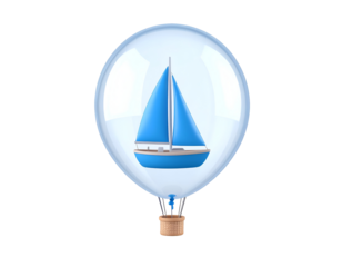 Hot Air Balloon Carrying Blue Sailboat in Transparent Capsule