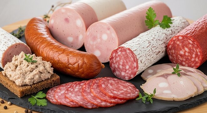 様々な種類のソーセージとハムの食材を集めたグルメなポートレート