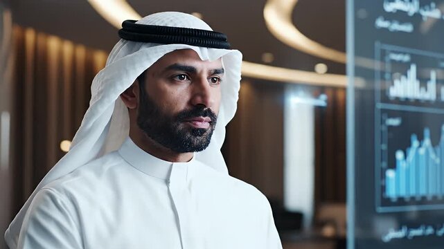 A man in traditional Middle Eastern attire touches a futuristic interface with data charts
