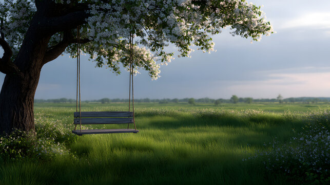 Secluded Serenity under Blossoms: A tranquil scene of an old tree with a swing, blossoms grace the branches and inviting a sense of calm amidst a vast green field.
