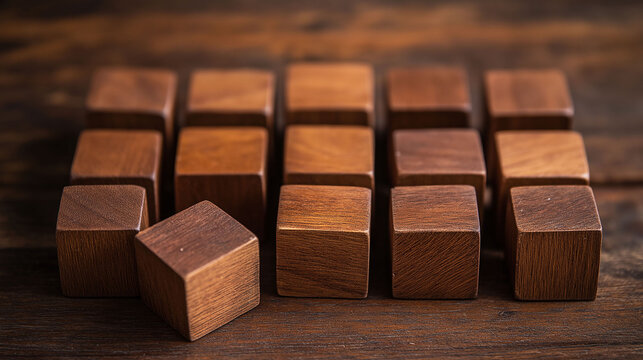 A wooden block puzzle with a single piece missing. The puzzle is made up of many wooden blocks, and the missing piece is the only one that is not part of the puzzle