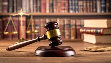 A wooden gavel resting on a sound block in a courtroom, symbolizing law, authority, and justice.