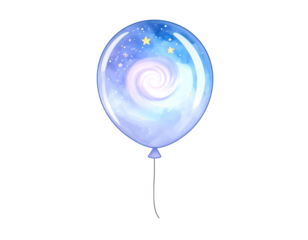 Magical blue balloon with swirling galaxy and stars inside, a cosmic watercolor illustration.