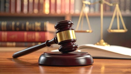 A wooden gavel resting on a sound block in a courtroom, symbolizing law, authority, and justice.