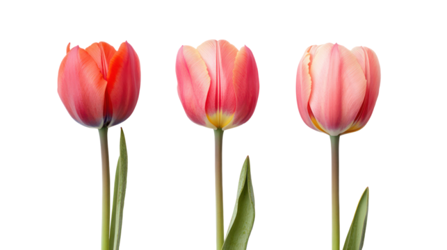 Three pink and red tulips isolated on transparent background