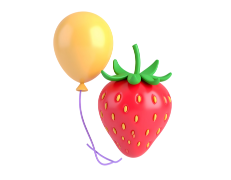 3D render of a glossy yellow balloon with a purple string next to a vibrant red strawberry with green leaves on a black background.
