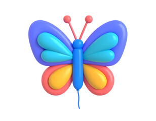 Colorful 3D render of a balloon-style butterfly with vibrant multi-layered wings in blue, turquoise, yellow, and coral, on a black background.