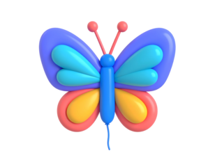 Colorful 3D render of a balloon-style butterfly with vibrant multi-layered wings in blue, turquoise, yellow, and coral, on a black background.