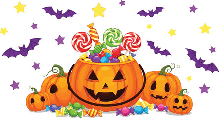 Festive Halloween scene with carved pumpkins, candy-filled bucket, spooky bats, and stars, perfect for seasonal celebration and trick-or-treat vector art