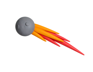 Stylized Clay Asteroid or Comet with Fiery Orange and Red Trail Isolated on Black Background