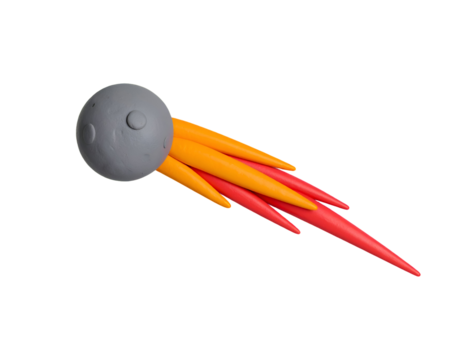 Stylized Clay Asteroid or Comet with Fiery Orange and Red Trail Isolated on Black Background