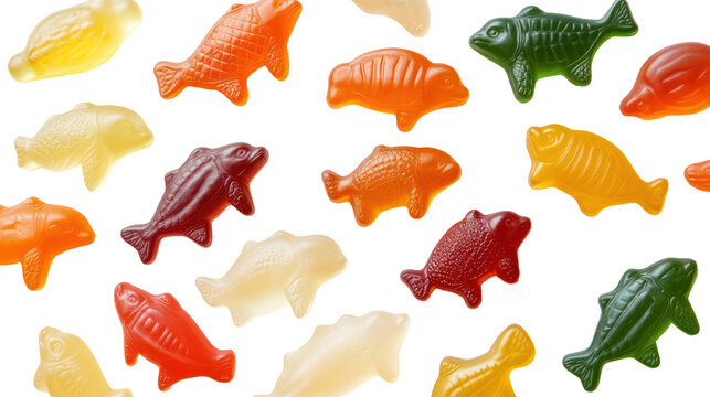Assortment of colorful gummy fish candies isolated on transparent background