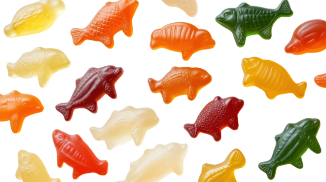 Assortment of colorful gummy fish candies isolated on transparent background