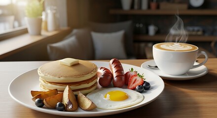 Cozy Cafe Breakfast with Pancakes, Coffee, and Fresh Fruits