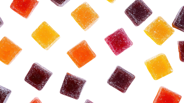 Diamond shaped fruit jellies candies isolated on transparent background
