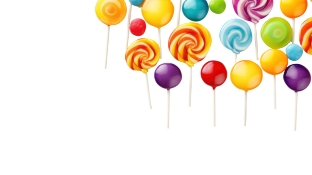 Colorful swirl lollipops and round candies isolated on transparent background