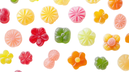 Assortment of colorful fruit gummy candies isolated on transparent background