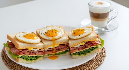 Fresh Club Sandwich and Coffee on White Table – Realistic Breakfast Photography