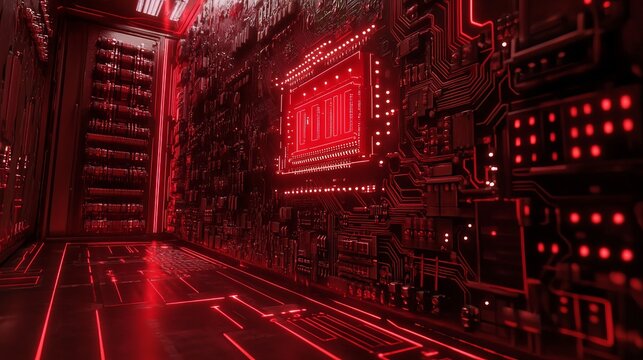 Immersive digital circuit board with glowing red data pathways and server racks, representing advanced technology and artificial intelligence