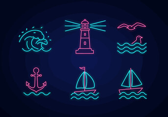 Neon Nautical Set Wave, Lighthouse, Seagull, Anchor, and Sailboats
