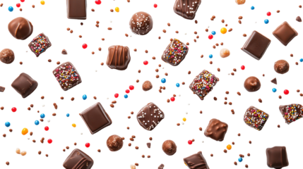 Assorted chocolates and candies falling and floating isolated on transparent background