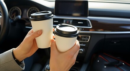 Two Takeaway Coffee Cups in Car Interior – Realistic Lifestyle Morning Scene
