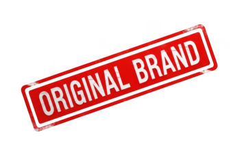 Red rectangular stamp with white text original brand isolated on transparent background