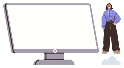 Large blank computer monitor in focus, woman in casual fashion outfit standing off to the side. Ideal for technology, work, creativity, lifestyle, innovation, modern design, simple flat metaphor