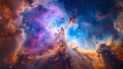 Abstract cosmic cloud formation in vibrant hues of blue, orange, and purple against a starlit space background. - Powered by Adobe