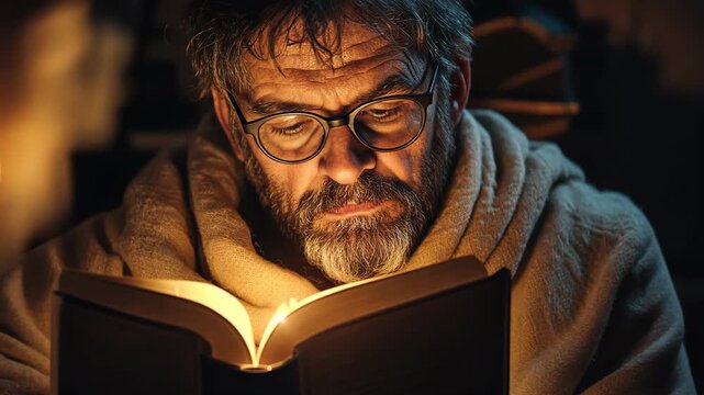 A male European scholar immersed in his reading, deeply focused on the ancient wisdom found within the pages of his book, illuminated only by the soft, dim candlelight surrounding him