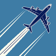 Fototapeta premium Airplane flying in the blue sky leaving contrails, vintage style illustration