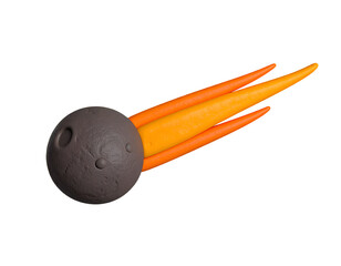 Stylized 3D rendering of a textured comet or asteroid with an orange and yellow tail, isolated on a black background, representing cosmic travel or impact.