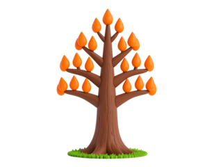Claymation Autumn Tree with Orange Teardrop Leaves and Green Grass on Black Background