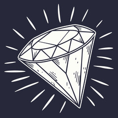 Hand drawn diamond with shine isolated on dark background, precious stone