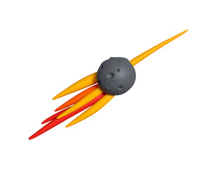 Graphic representation of a stylized comet or meteor, a grey sphere with a multi-colored tail streaking across a dark black background.