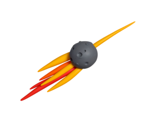 Graphic representation of a stylized comet or meteor, a grey sphere with a multi-colored tail streaking across a dark black background.