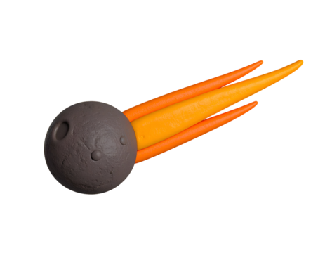 Stylized 3D rendering of a textured comet or asteroid with an orange and yellow tail, isolated on a black background, representing cosmic travel or impact.
