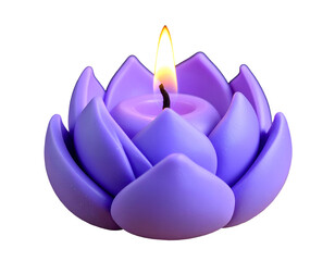 Burning purple lotus flower candle with lit flame on a black background