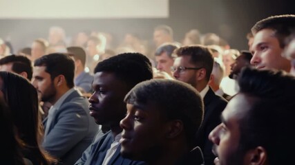 Seminar diverse group of young people students listening lecture presentation pitch public speaking watching presentation conference business education learning study entrepreneurship audience team - Powered by Adobe