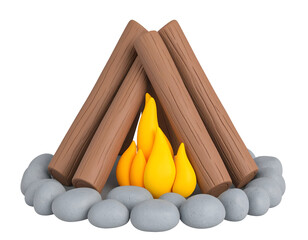 Stylized 3D Campfire with Wooden Logs, Bright Flames, and Stone Ring, Isolated on Black Background