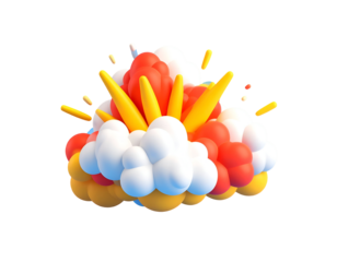 Vibrant 3D Cartoon Explosion Burst of Colorful Bubbles, Spheres, and Smoke Clouds on Black Background