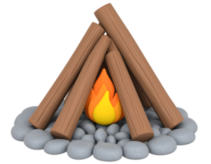 Cartoon 3D campfire with stylized wood logs, vibrant orange and yellow flames, and smooth grey stones.