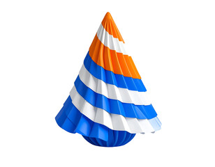 Festive orange, white, and blue striped layered cone party hat, 3D render isolated on black background.