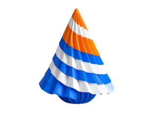 Festive orange, white, and blue striped layered cone party hat, 3D render isolated on black background.