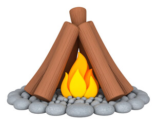 3D Rendered Stylized Campfire with Wood Logs, Stones, and Bright Orange Flames