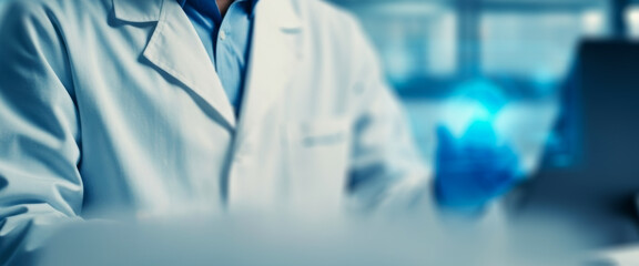 Scientist in white coat interacting with a glowing blue digital interface, exploring futuristic medical data visualization and advanced scientific technology innovation in a high-tech laboratory.