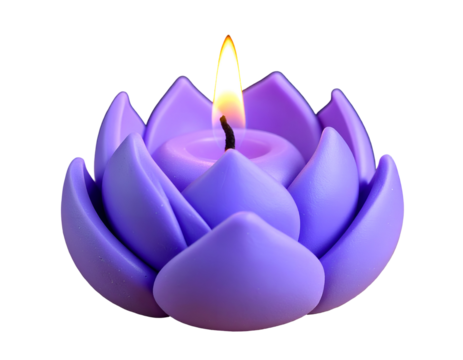 Burning purple lotus flower candle with lit flame on a black background