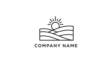 Minimalist landscape logo featuring sun and rolling hills for company branding.