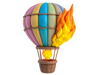 Colorful Clay Hot Air Balloon with Burning Flames Isolated on Black