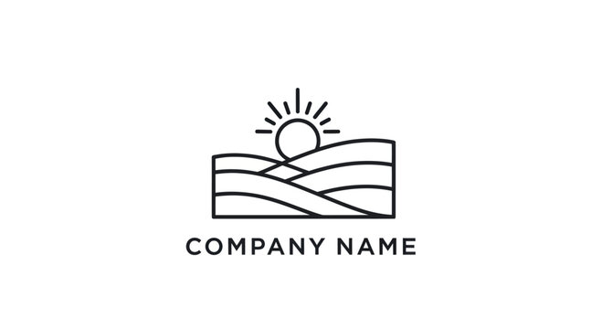 Minimalist landscape logo featuring sun and rolling hills for company branding.